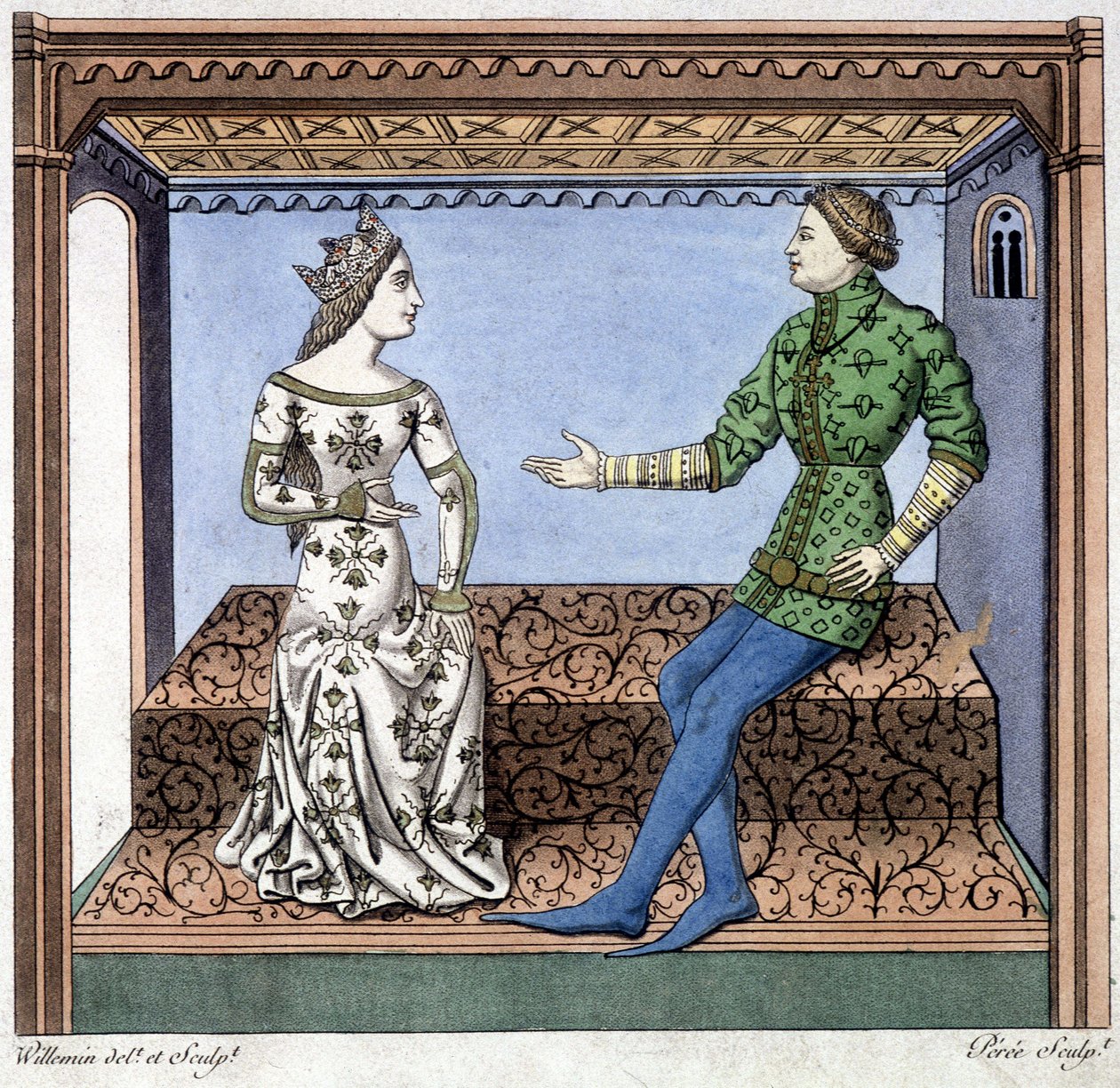 Lancelot och Guineèvre i samtal - utdrag ur Lancelot du lac, baserat på dokument från 1370. av Unknown artist