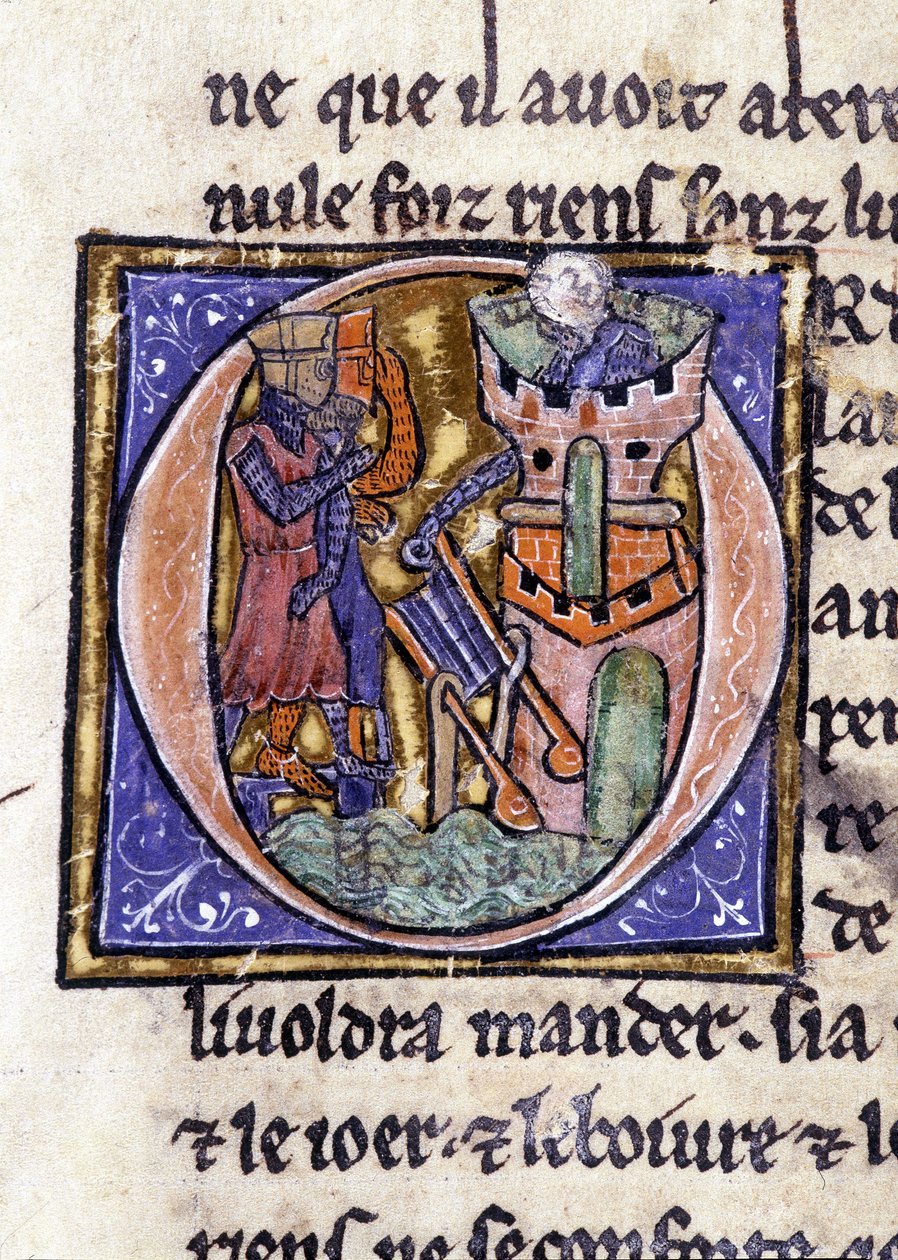 Lancelot på toppen av ett torn. Manuskript: Erövringen av Saint Gréal, skrivet 717 år efter vår herres passion. Bibliotheque Municipale de Rennes, ms. 255 (Samling av romaner av det runda bordet); Paris av Unknown artist
