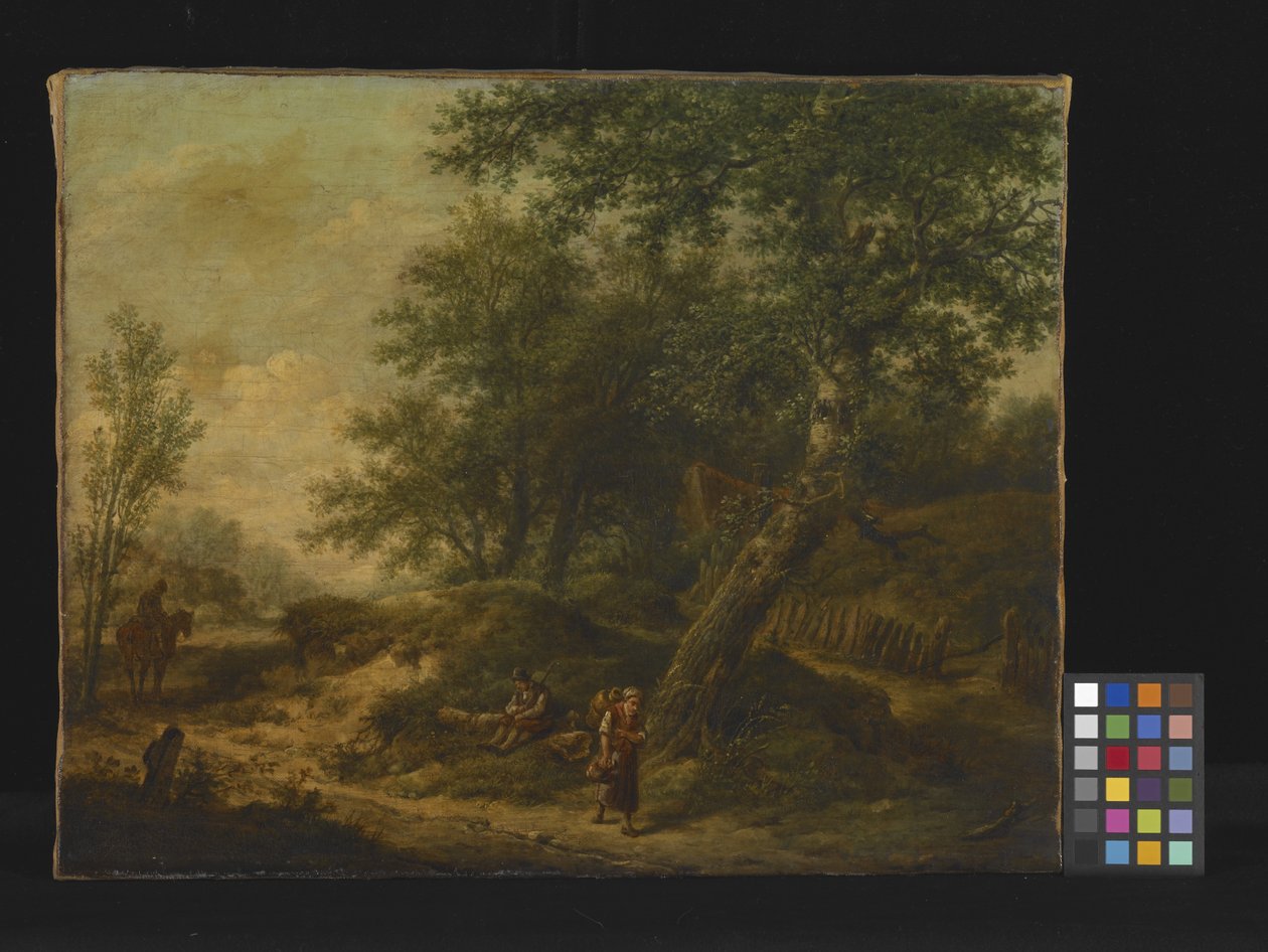 Landskap med stuga och resenärer (olja på duk) av Unknown artist