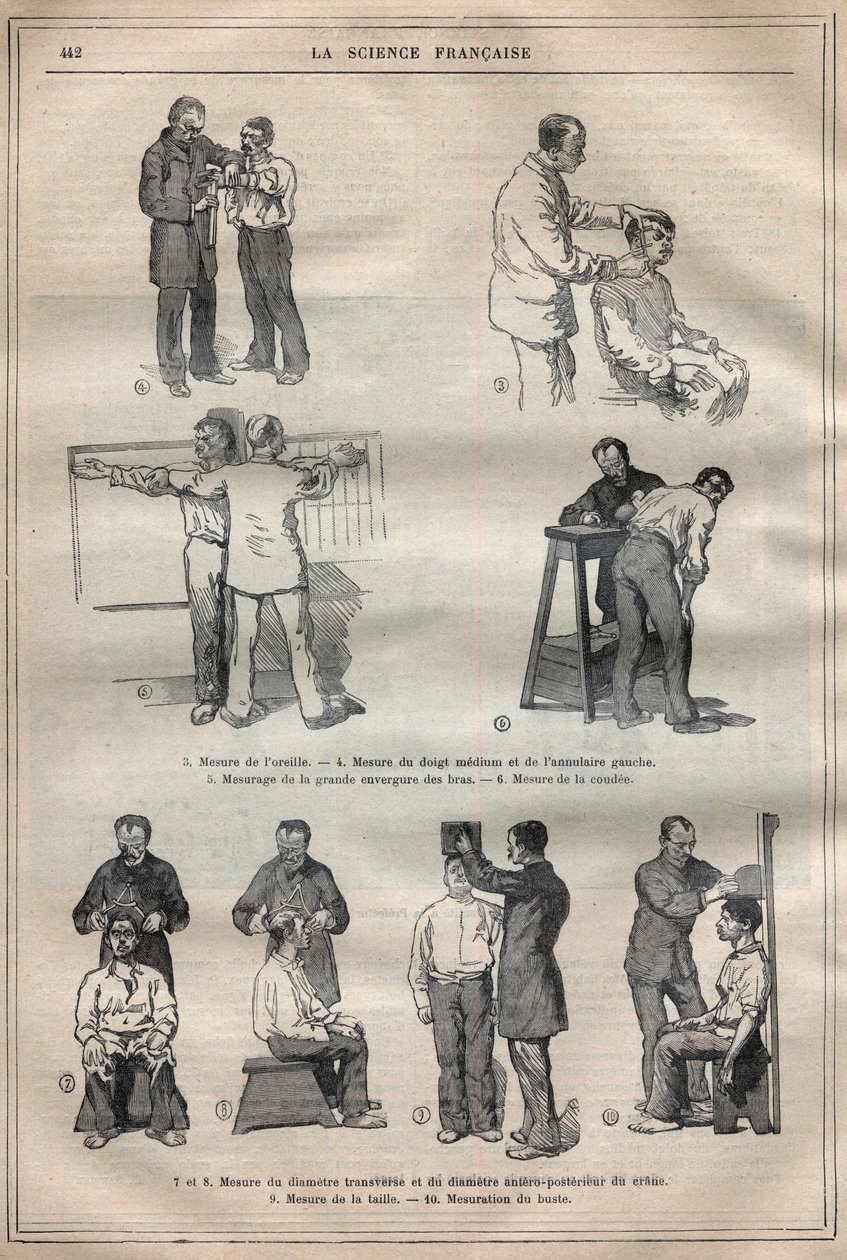 Rättslig antropometri eller bertillonnage, metod av Alphonse Bertillon (1853-1914) - Gravyr i ""La Science francaise"" av Unknown artist