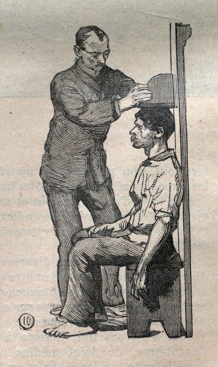 Rättslig antropometri eller bertillonnage, metod av Alphonse Bertillon (1853-1914): mätning av bysten - gravyr i "La Science francaise"" av Unknown artist
