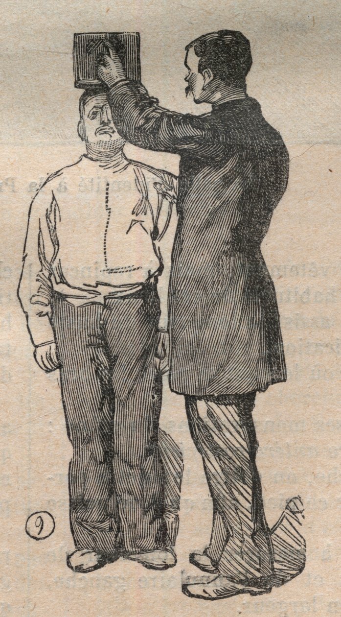 Rättslig antropometri eller bertillonnage, metod av Alphonse Bertillon (1853-1914): höjdmätning - gravyr i "La Science francaise"" av Unknown artist