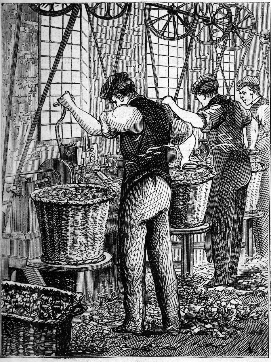 Stora engelska industrier: Walter Evans bomullsspinning i England 1863. Tillverkning av spolar. av Unknown artist