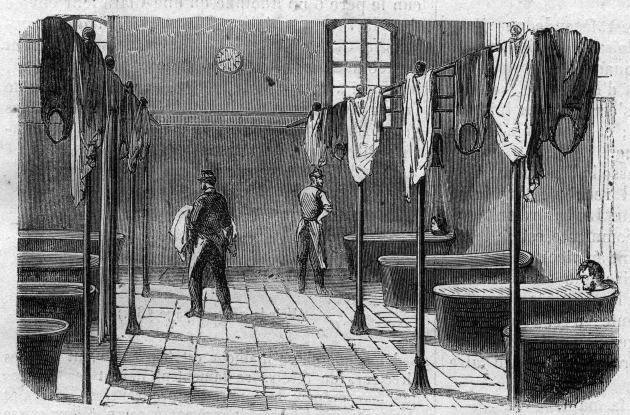 Sainte Anne (Sainte-Anne) asyl i Paris: badrummet - gravering i ""Le Journal Illustrée"" av Unknown artist