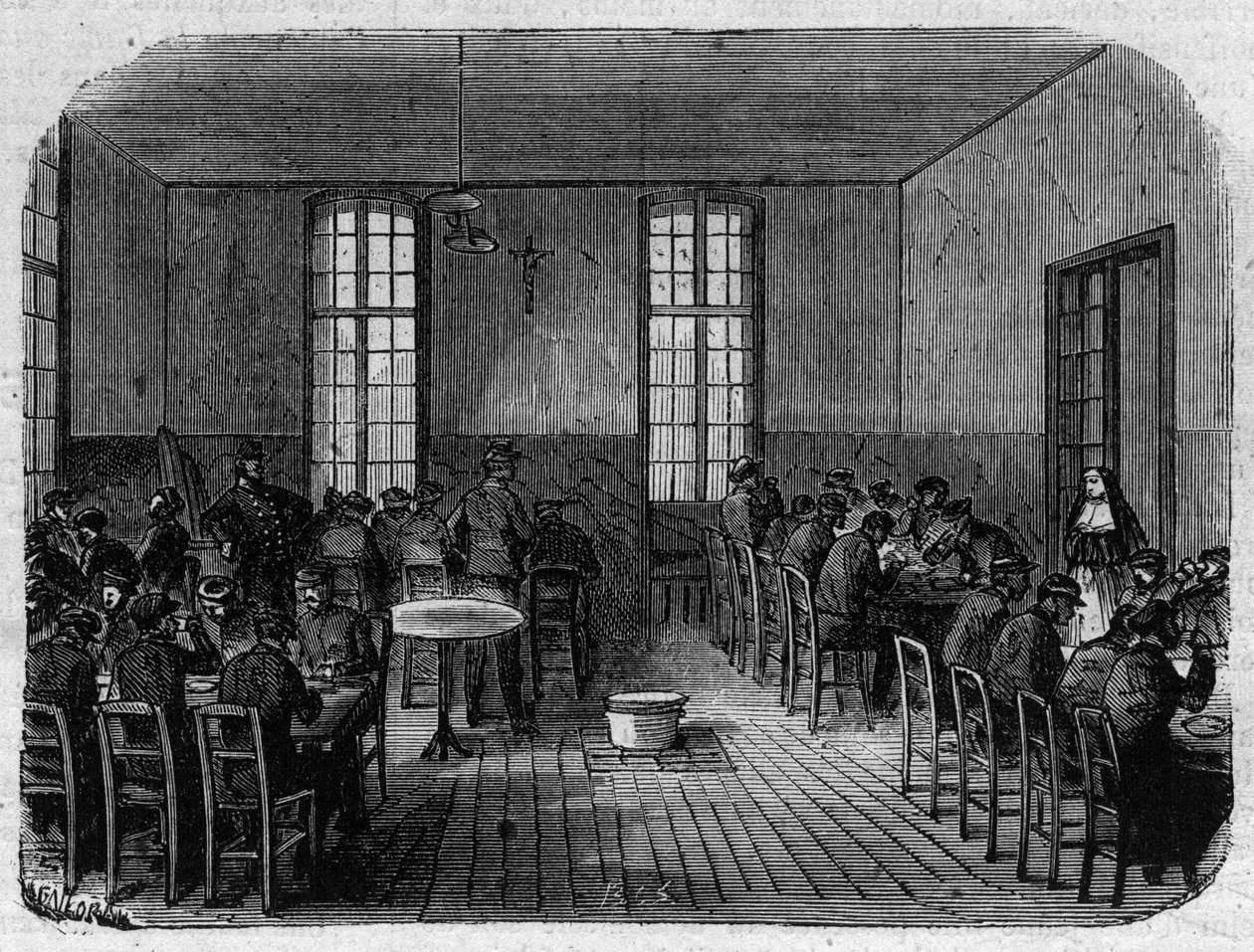 Sainte Anne (Sainte-Anne) asyl i Paris: matsalen - Gravyr i ""Le Journal Illustrée"" av Unknown artist