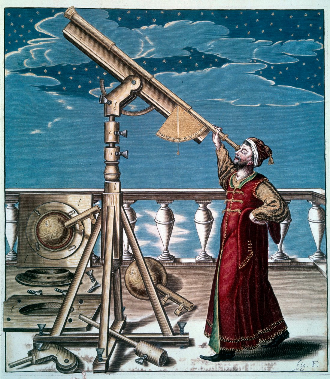Astronomen: en man tittar på stjärnorna i den astronomiska ramen - Engraving du 17eme century - Paris, B.N. - Astronom: En man tittar på stjärnorna i teleskopet - Gravyr av Unknown artist