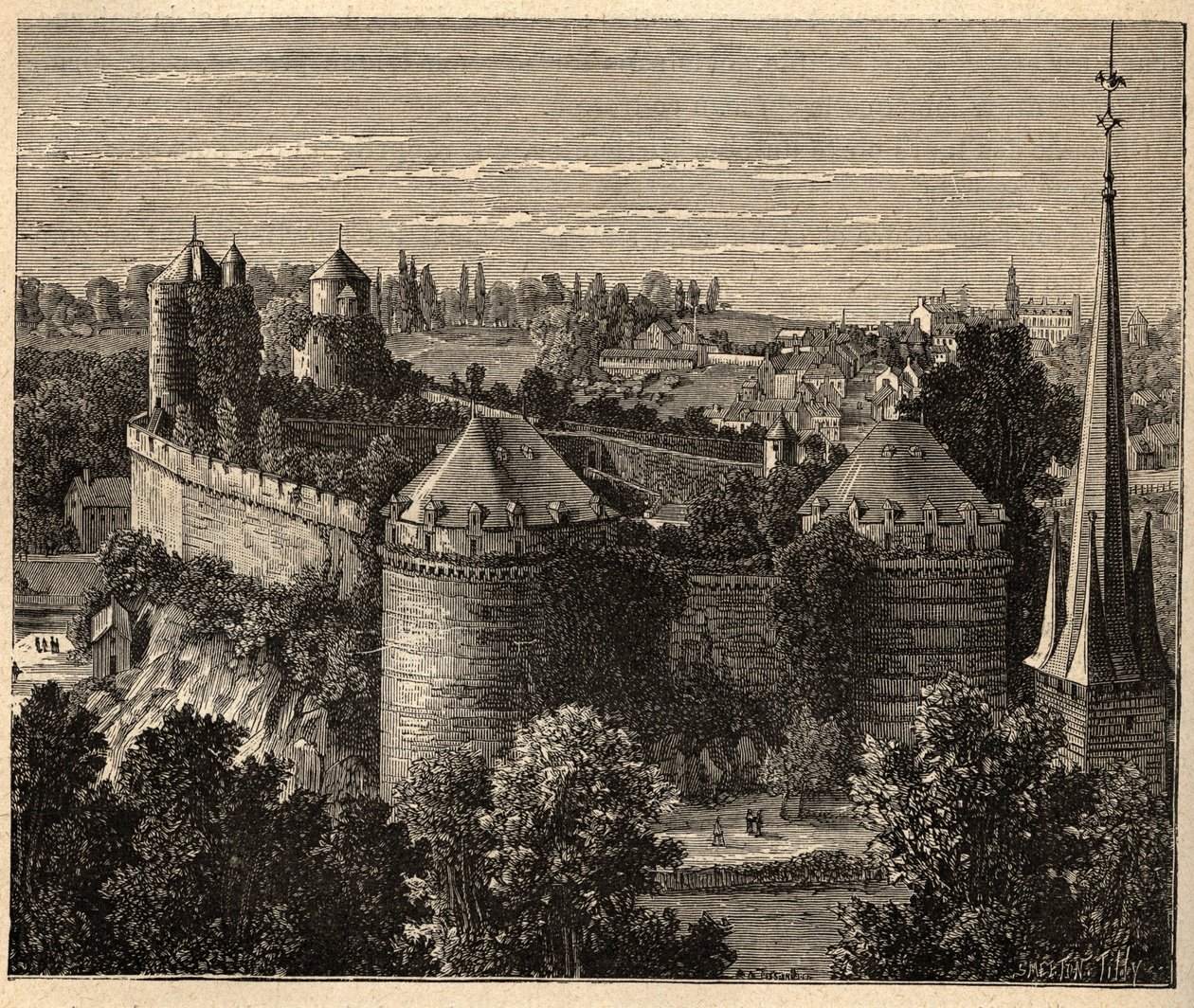 Le Chateau a Fougeres - Bretagne - Frankrike - gravyr i "" PATRIE" - PECTUREQUIREQUE BESKRIVNING AV FRANKRIKE I 6 BÅNDER AV LUCIEN HUARD - slutet av 1800-talet av Unknown artist