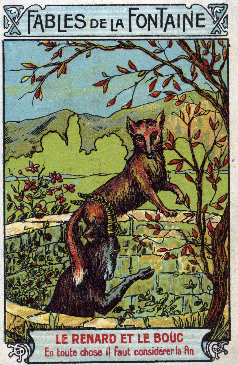 Le Fox et le Bouc - Fables av Jean de La Fontaine (1621-95) - Kromolitografi från slutet av 1800-talets privata samling av Unknown artist
