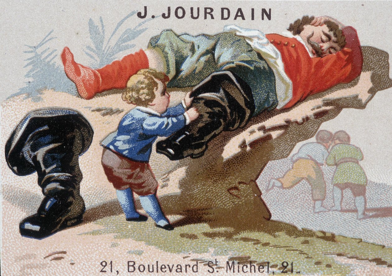 Le Petite Poucet tar bort sina stövlar i sju ligor med asoupi ogre - reklametikett Jourdain av Unknown artist
