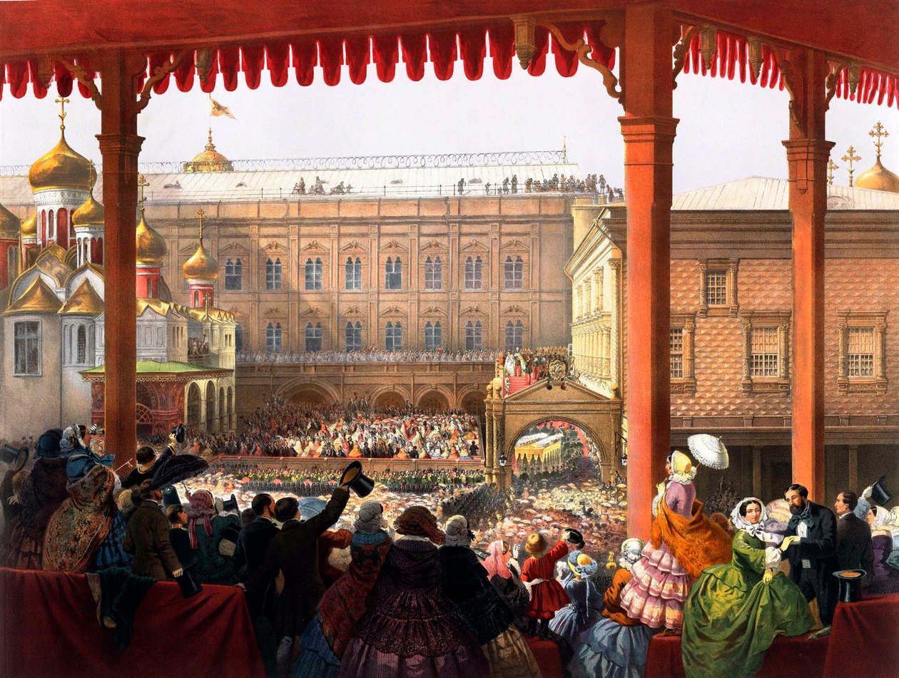 ""Kröningen av kejsar Alexander II (1818-1881) den 1855-02-18"" Utsikt över folkmassan - Anonym litografi av Unknown artist