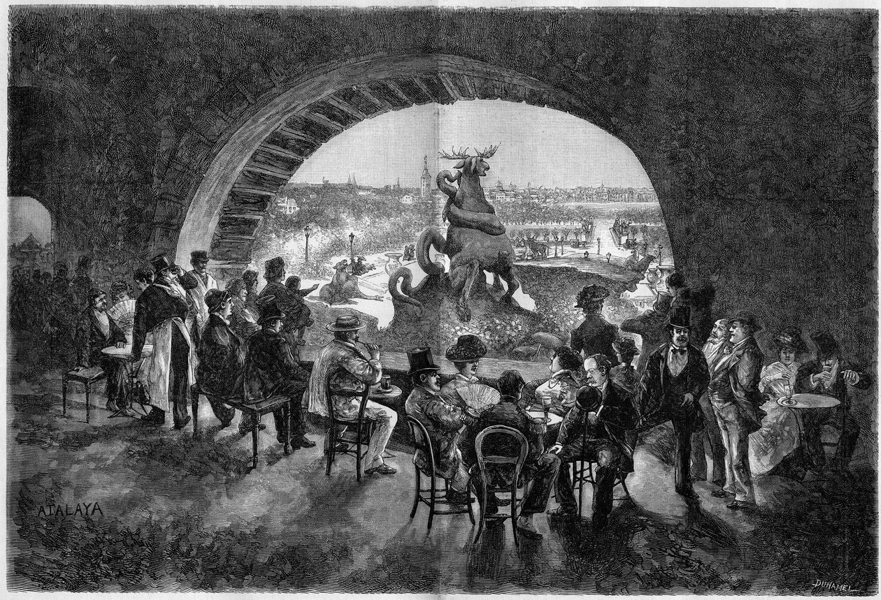 Undersidan av vattenfallet i Trocadero-trädgården under den stora värmen i Paris dit parisiska vandrare kommer för att sitta i kylan. Gravyr i ""The Illustrious World"" av Unknown artist