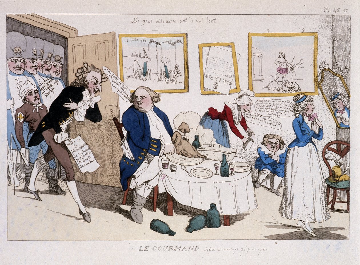 Le gourmand (måltid av Ludvig XVI och Marie Antoinette under flygningen till Varennes) - i "" Musée de la caricature"" av Unknown artist