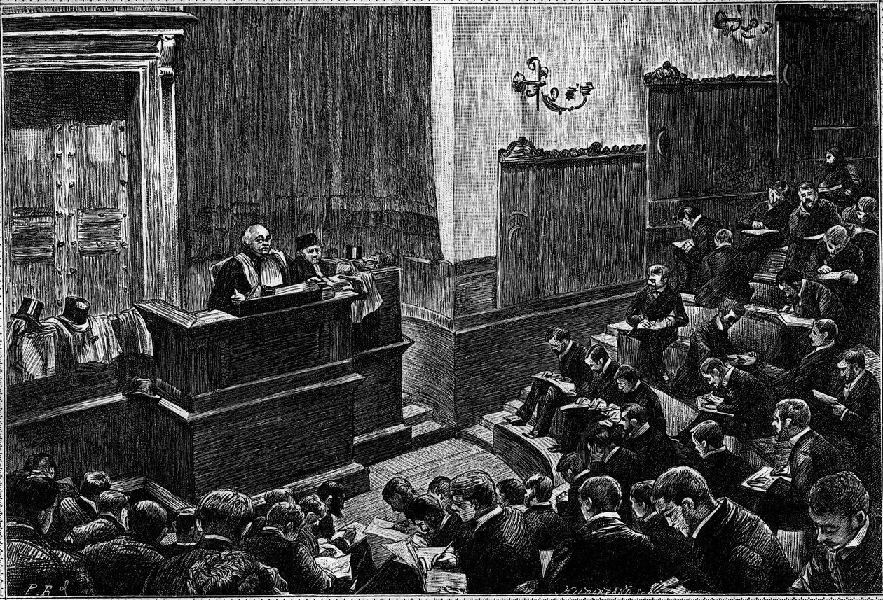 Paris Law Schools stora amfiteater, gravering i "Le journal de" La jeunesse" av Unknown artist