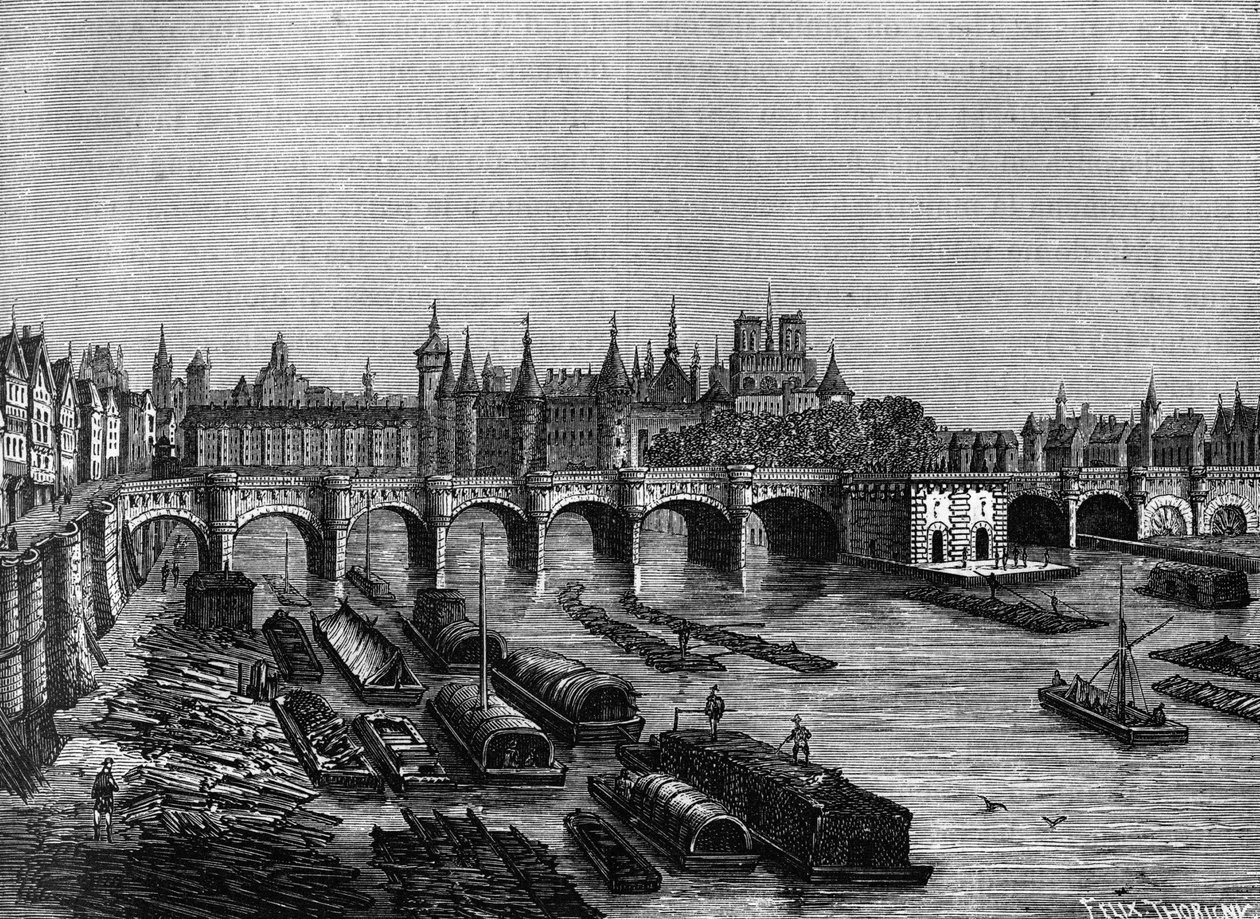 Pont Neuf i Paris under Henri III - i "" Histoire de France"" av Henri Martin, sd. 1800-talet av Unknown artist