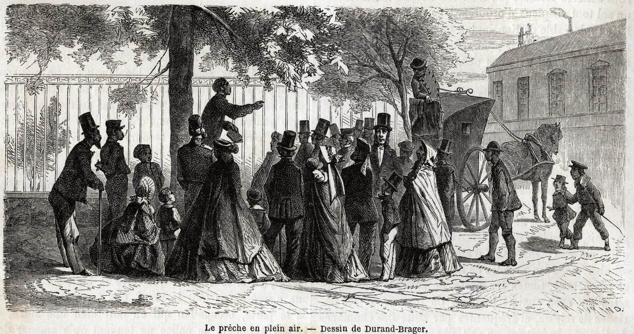 Le preche en plein air, i London, teckning av Durand Brager, för att illustrera En utflykt till Londons fattiga stadsdelar, 1862, av L.Simonin. Gravyr i "" Le tour du monde"", redigerad av Edouard Charton av Unknown artist