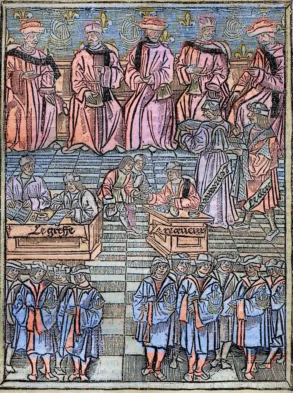 Le prevot des marchands et les echevins de Paris au 1500-talsgravyr efter originalet från 1528 - Provost för köpmän och rådmän i Paris, scen för skatteuppbörd, titelsida från 