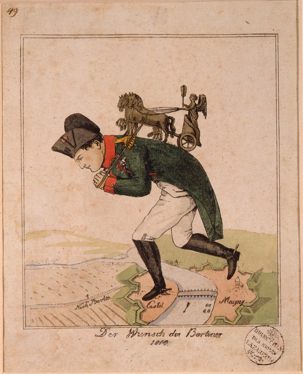 ""The wish of the Berliners"" (The Wish of the Berliners) Karikatyr som föreställer kejsar Napoleon I (1769-1821) bärande på sin rygg quadriga av Brandenburger Tor för att korsa Mainz under belägringen av fästningen Anonym karikatyr av Unknown artist