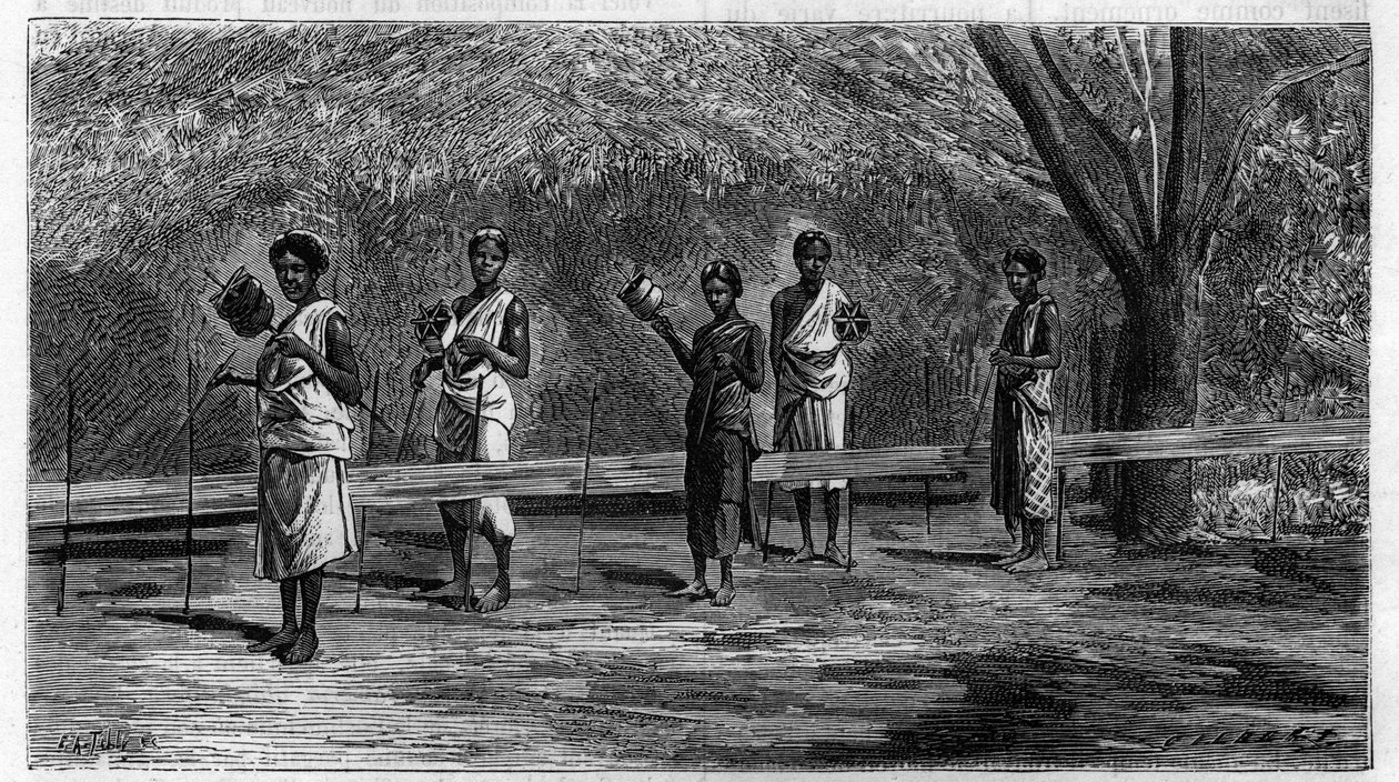 Vävning i Indien: förberedelse av varptrådarna (varpoperation) Gravyr av 1883. i "La Nature. Översyn av vetenskaper och deras tillämpningar för konst och industri.” av Unknown artist
