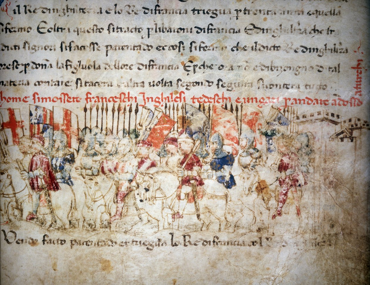 Liga av fransmän, engelska, tyskar och ungrare mot turkarna 1391 - i "" Croniche del Sercambi"", cirka 1400. Nationalarkiv, Lucca. av Unknown artist