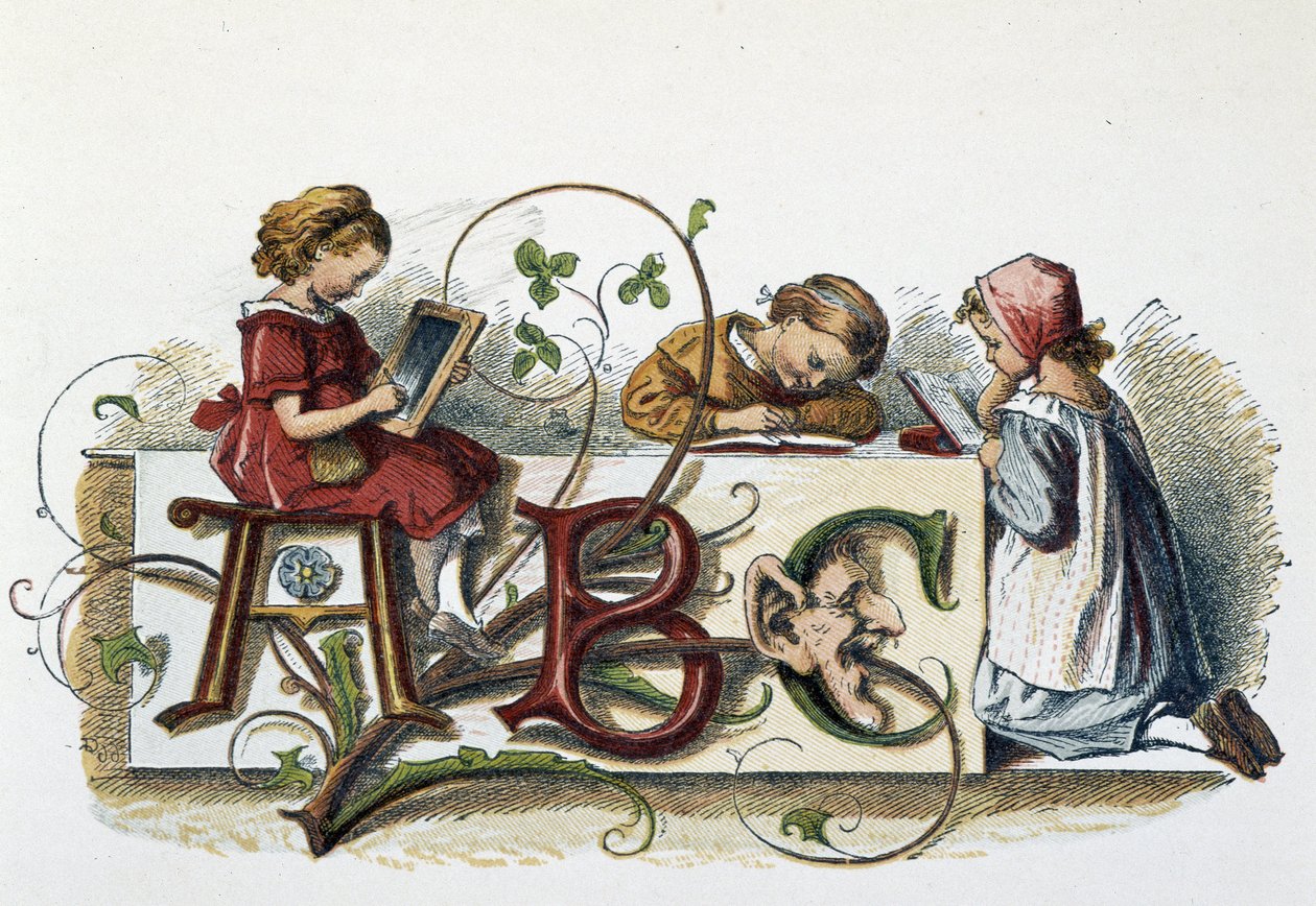 Barns läsning och skrivning - i "Barnspel"", red. London, George Ronthedge och söner, sent 1800-tal av Unknown artist