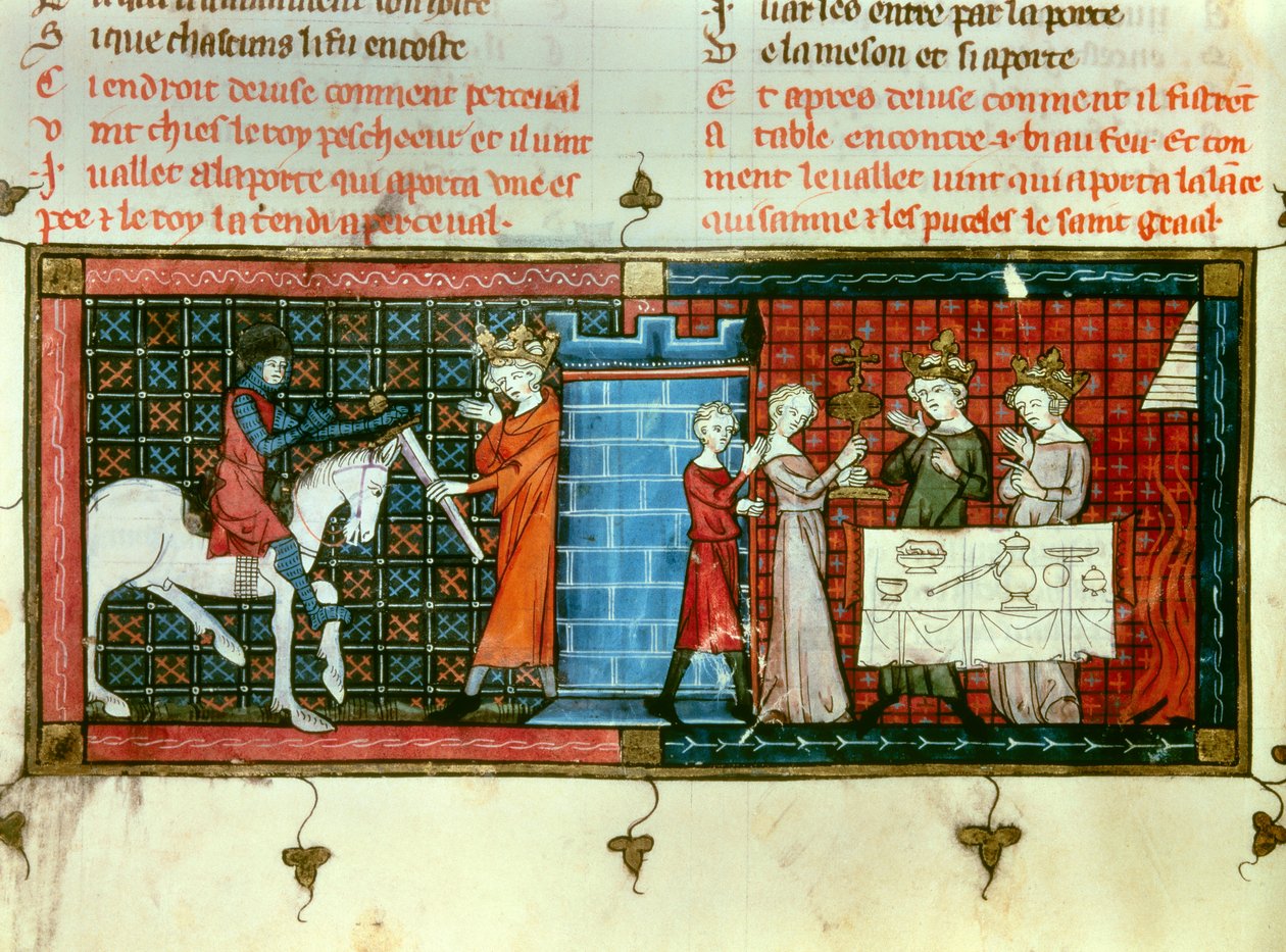 Till vänster: Perceval tar emot ett svärd från kung Pescheor. Till höger: Procession av den heliga gralen. Miniatyr från "" Tale du Grail"" av Unknown artist
