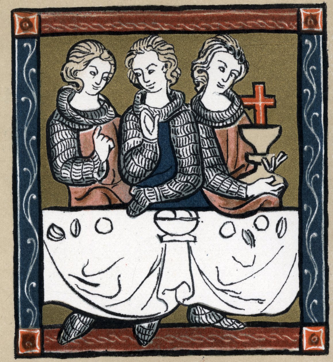 Legend Arthurian: Galahad (Gaalad eller Galaad), Perceval och Bohort (Bors eller Borrt) med den heliga gralen. I "History of French Literature" av Hermann Suchier av Unknown artist