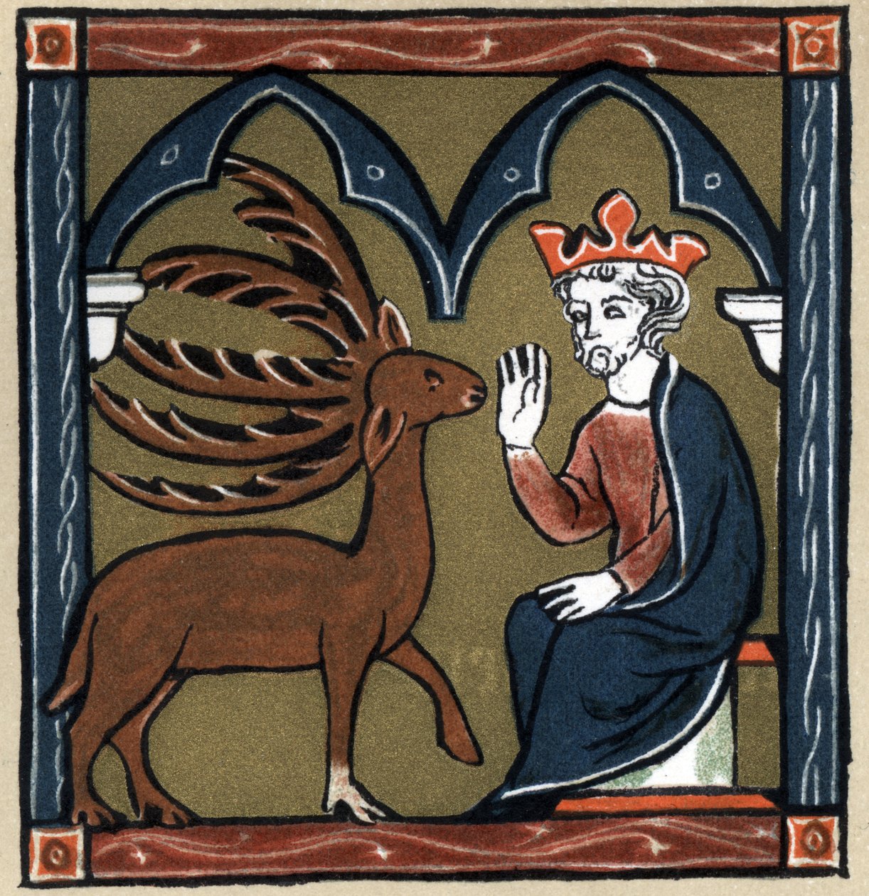 Legend Arthurian: Merlins metamorfos i femhjortar besöker Jules Cesar. I "History of French Literature" av Hermann Suchier av Unknown artist