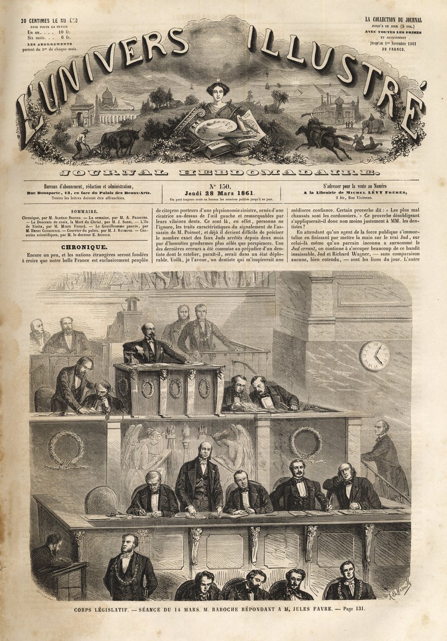 Lagstiftande organ - session den 14 mars 1861 - Pierre Jules Baroche (1802-1870) svarar på Jules Favre (1809-1880) - det lysande universum 1861 av Unknown artist