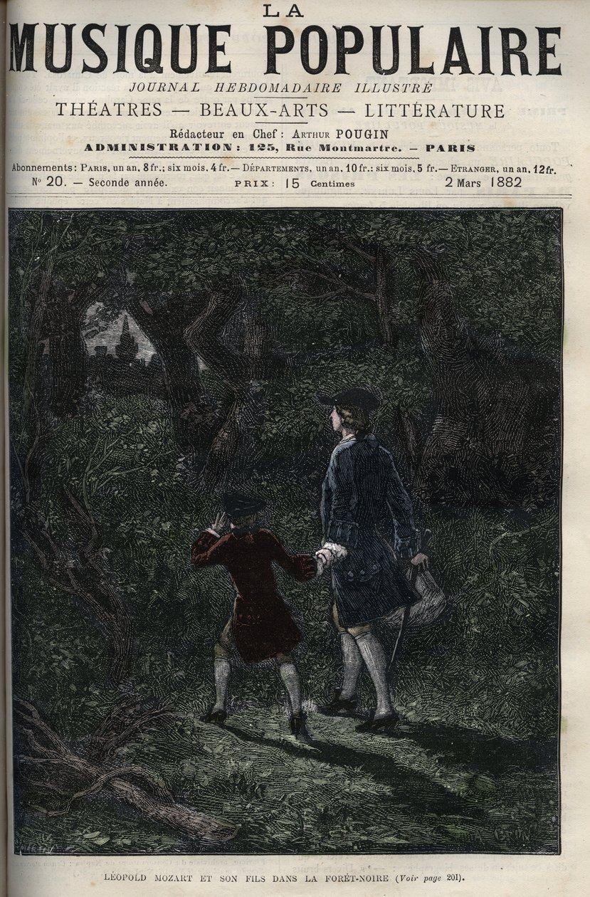 Leopold Mozart och hans son Wolfgang Amadeus i den svarta skogen - Leopold Mozart och hans son Wolfgang Amadeus i den svarta skogen i Tyskland - gravering i den berömda veckotidningen "" Popular music """ - 1882 av Unknown artist
