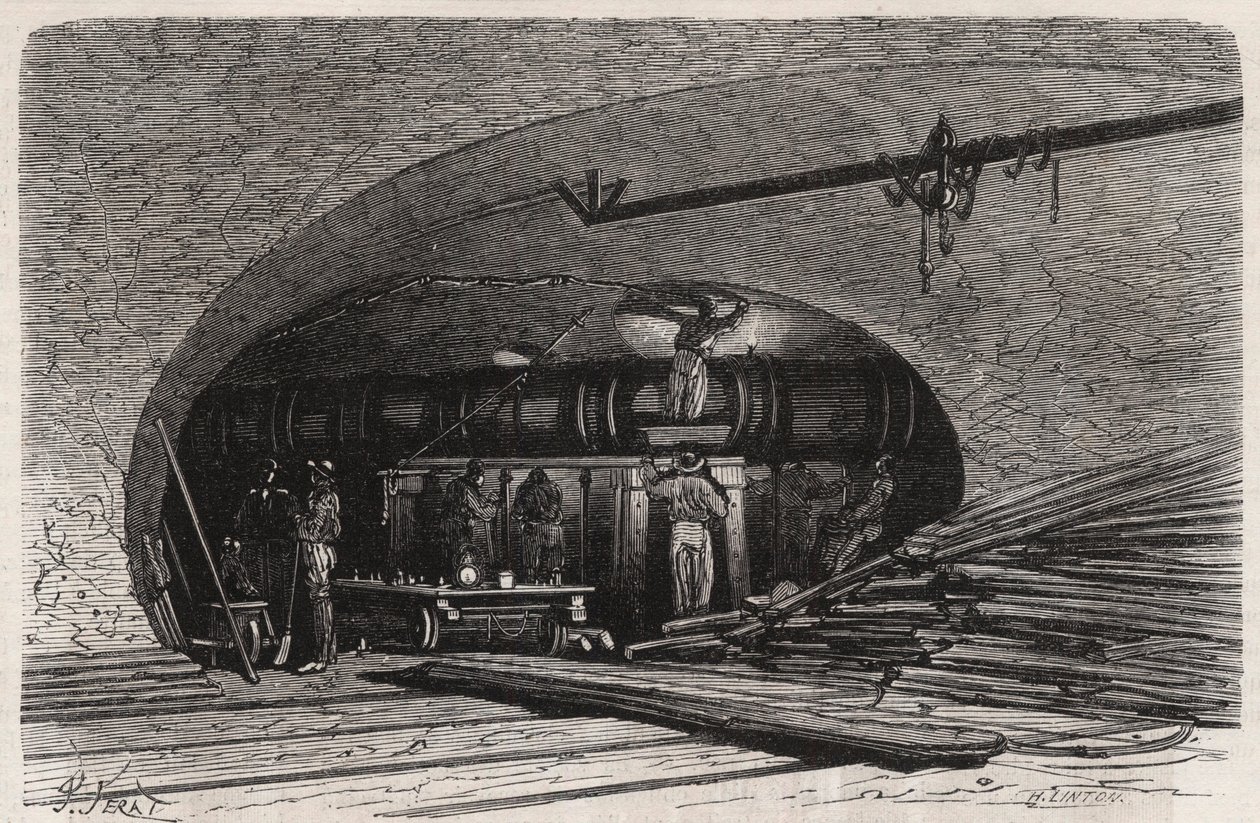 Paris avloppsledningar: böjning av röret nära Saint Michel-bron (Saint-Michel), place du Chatelet - Gravyr i "" Le Monde Illustré"" av Unknown artist