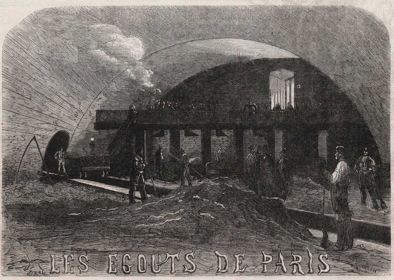 Paris avloppsledningar: den stora kammaren och smidesverkstäderna Notre Dame-bron (Notre-Dame) - Gravyr i ""Le Monde Illustré"" av Unknown artist