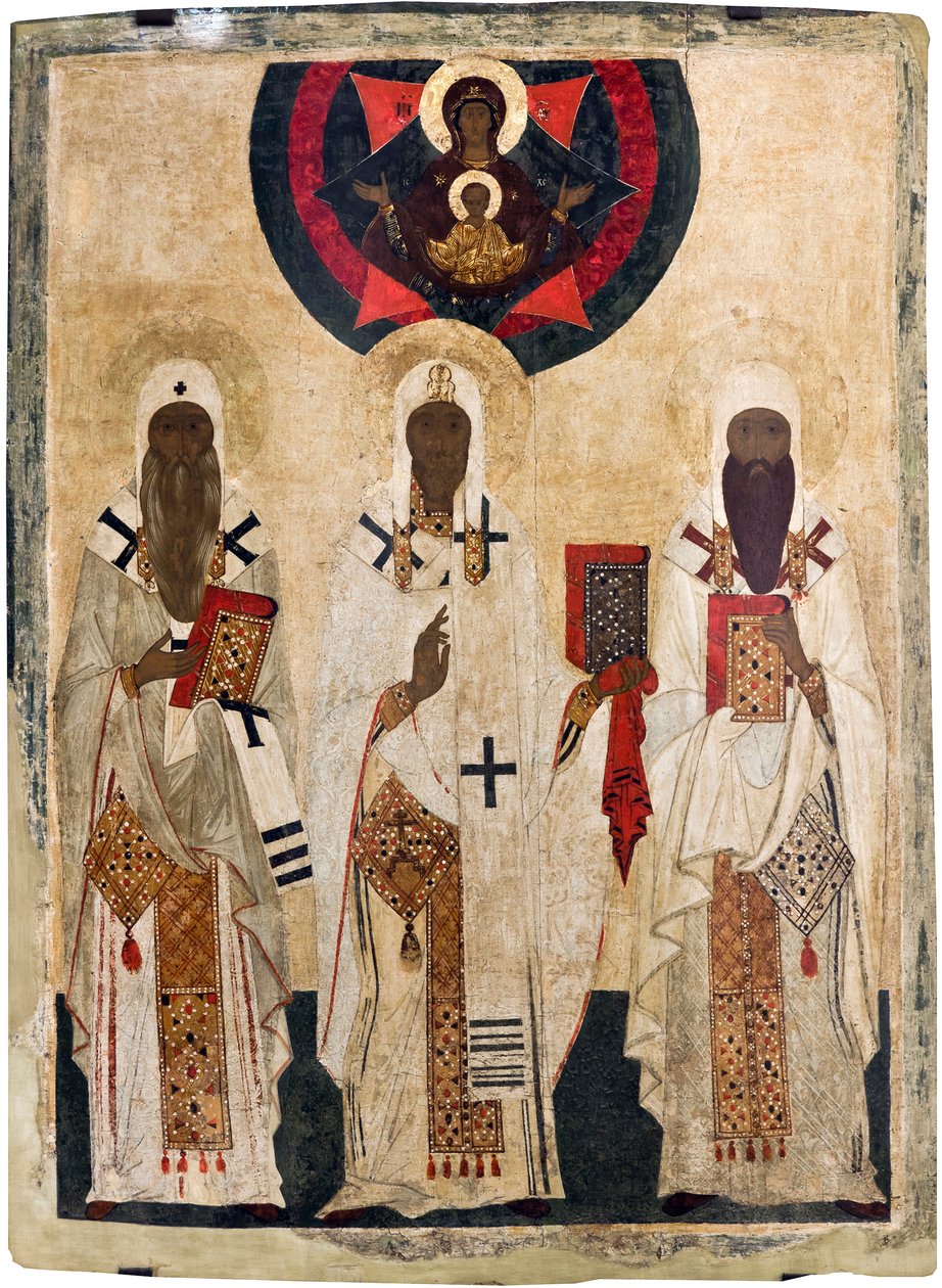 De tre heliga biskoparna av Rostov: Jesaja (död 1090), Leonce (död 1077), Ignatius (död 1288) - Rysk ikon: De tre helgonbiskoparna av Rostov: Jesaja, Leontius och Ignatius. Tempera på panel, sent 1400-tal, Statens friluftsmuseum Rostov Kreml av Unknown artist
