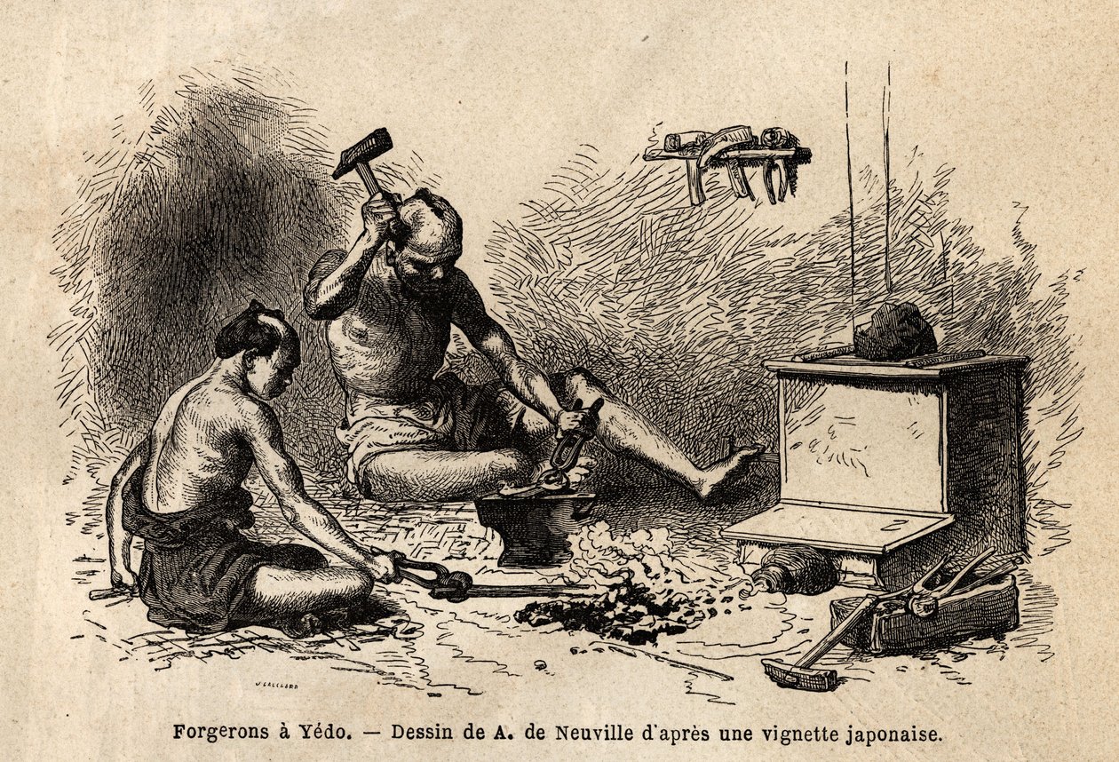 Låt oss smeder framför deras smedja i Yedo (eller Edo, den kejserliga huvudstaden, dagens Tokyo). Gravyr för att illustrera resan till Japan, 1863-1864, av Aime Humbert, minister för Schweiziska edsförbundet, i "" Le tour du monde, nouveau journal des vo av Unknown artist