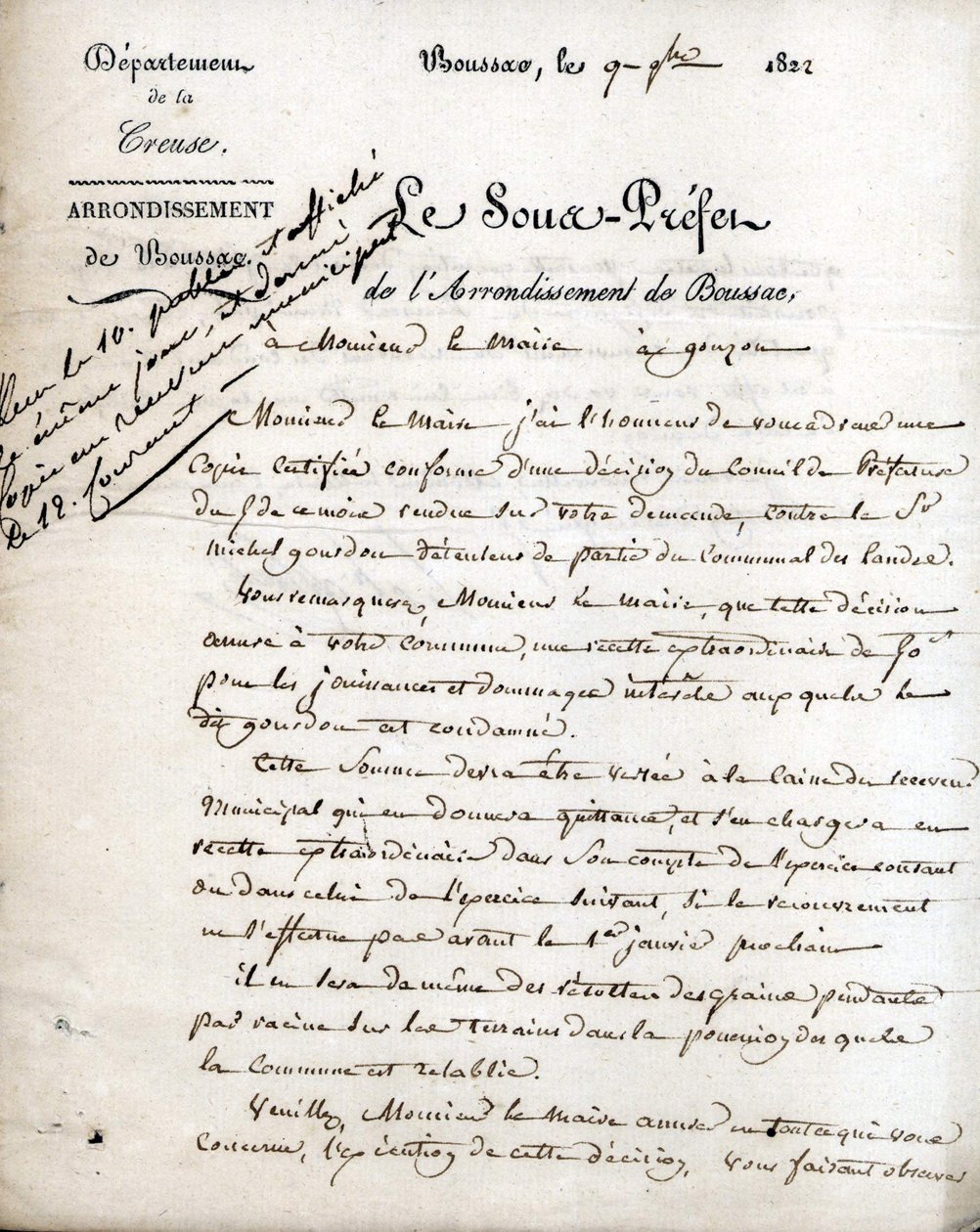 Brev från underprefekten i Creuse (arrondissementet Boussac) till borgmästaren i Gouzon, 9 september 1822 av Unknown artist
