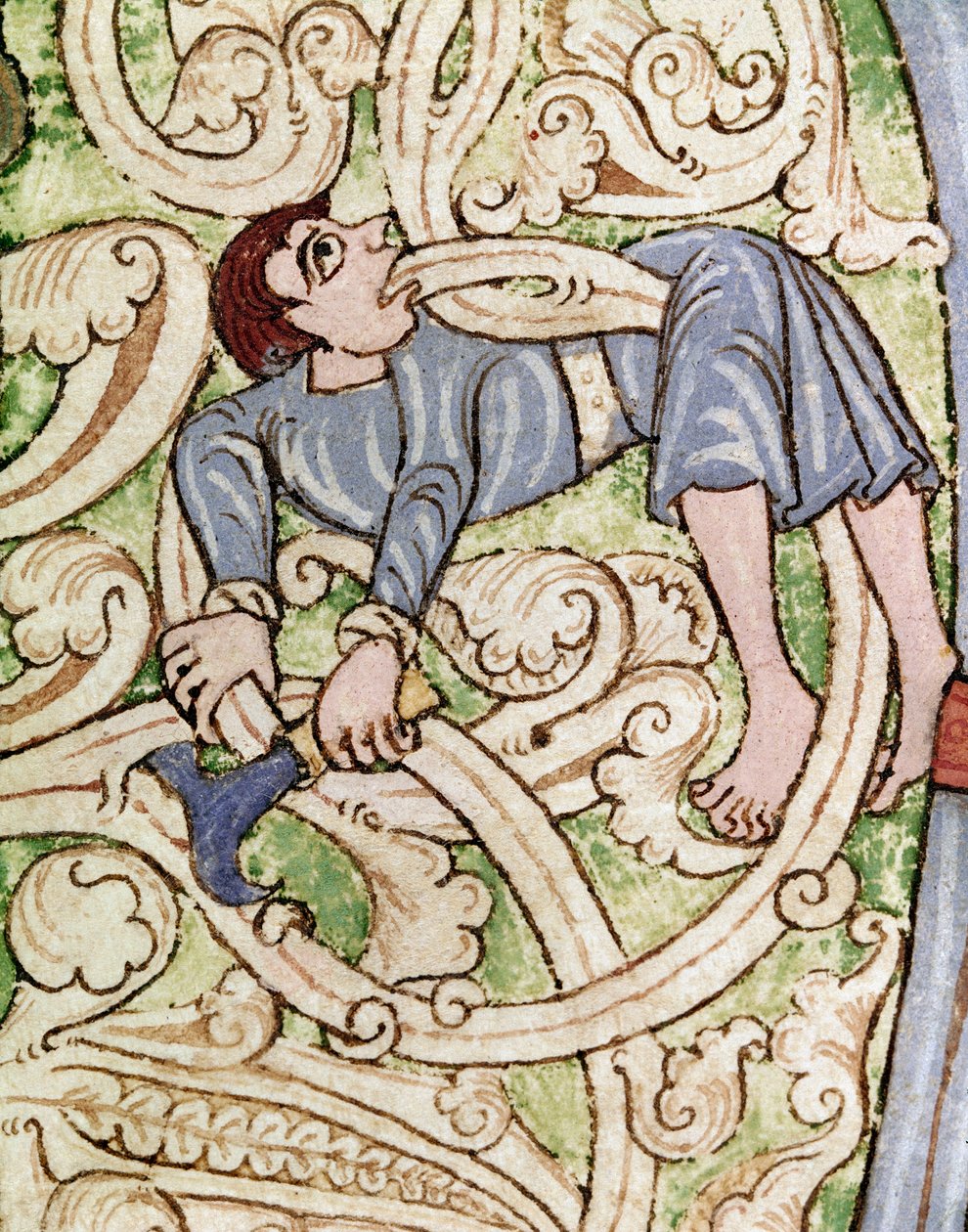 Lettrine C decoree av representationen av en träman. Miniatyr från en bibel (gamla testamentet) (Ms 3088) Coimbra från 1100-talet, universitetsbiblioteket av Unknown artist