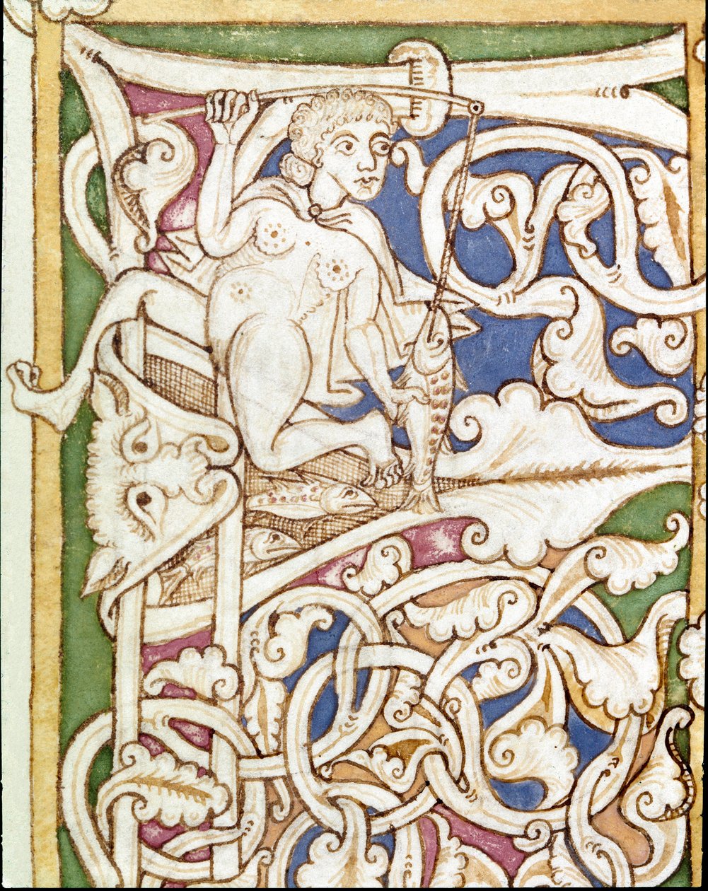 Lettrine P dekoree av representationen av en kvinna som fiskar en fisk. Miniatyr från en bibel (Gamla testamentet) (Ms 3088) Coimbra från 1100-talet, Universitetsbiblioteket av Unknown artist
