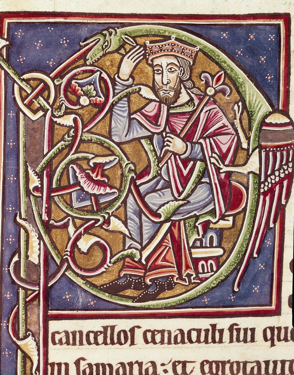 Lettrine P dekorerad av representationen av kungen av landet Moab Miniatyr från en bibel (Ms 3088) Coimbra från 1100-talet, universitetets bibliotheque av Unknown artist