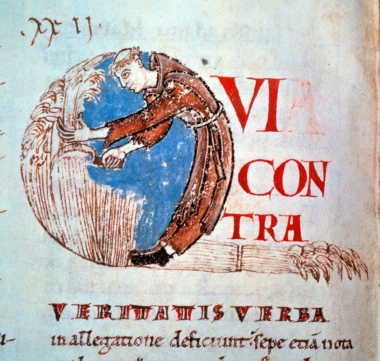 Lettrin "" Q"" som representerar en munk som klipper bles. Miniatyr tagen från "Moralia in Job"" av Gregoire I said the Great or Dialogue (532-604) av Unknown artist