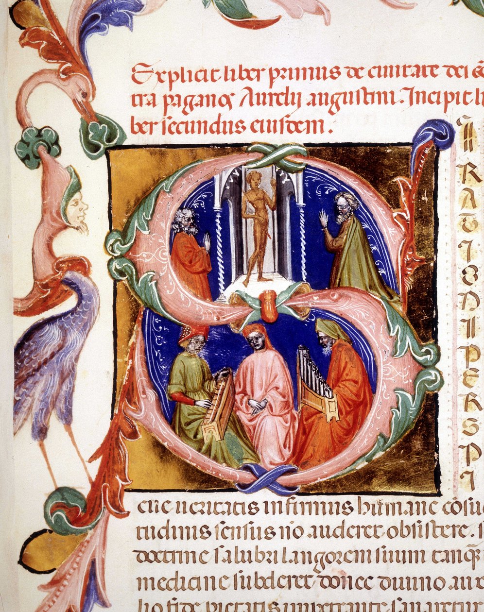 Lettrin av "" s" med miniatyr föreställande hedningar som vördar sin idol, nedanför två musiker och en sångare - i "" De civitate dei"" av Saint Augustine, tidigt 1400-tal. Kommunal Bibl. av Rimini. av Unknown artist