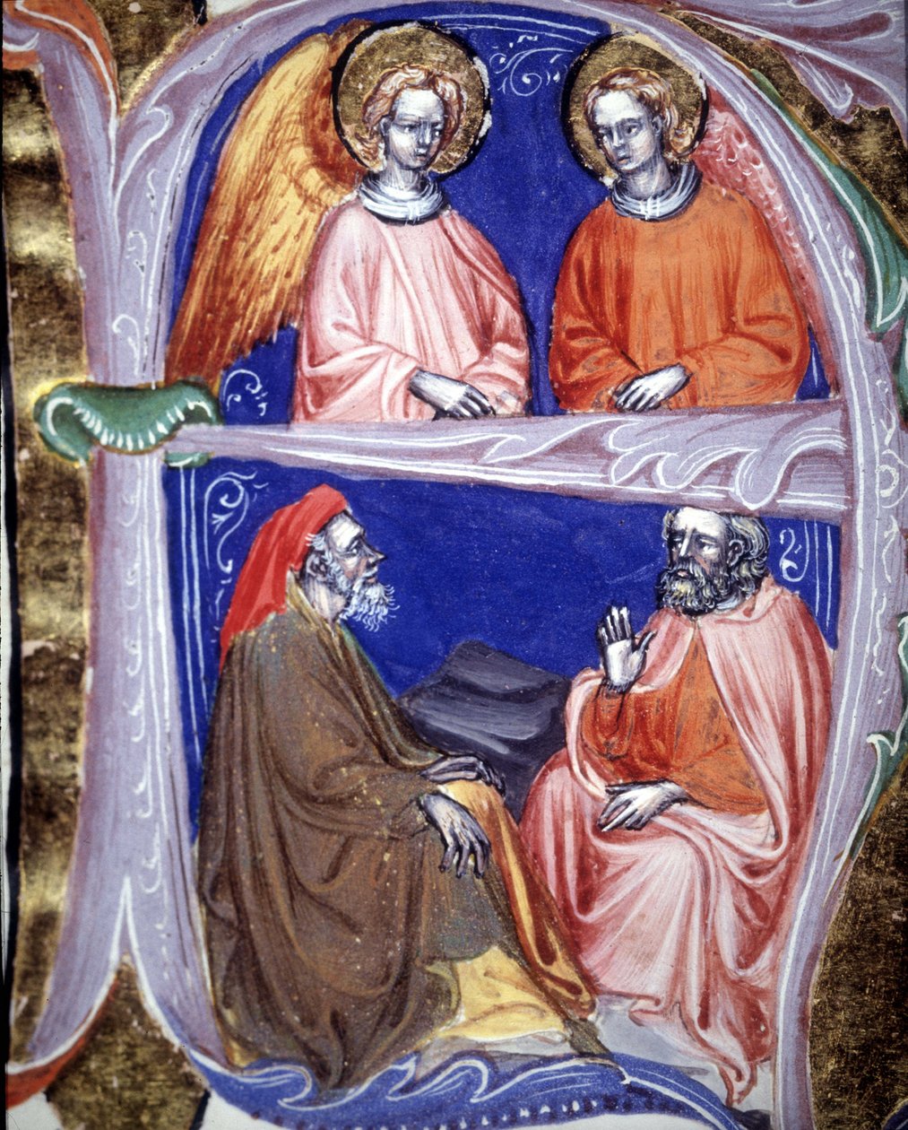 Lettrine som representerar änglar och filosofer som diskuterar - i De civitate dei de St Augustine. 1300-talsmanuskript. Kommunal Bibl. av Rimini. av Unknown artist