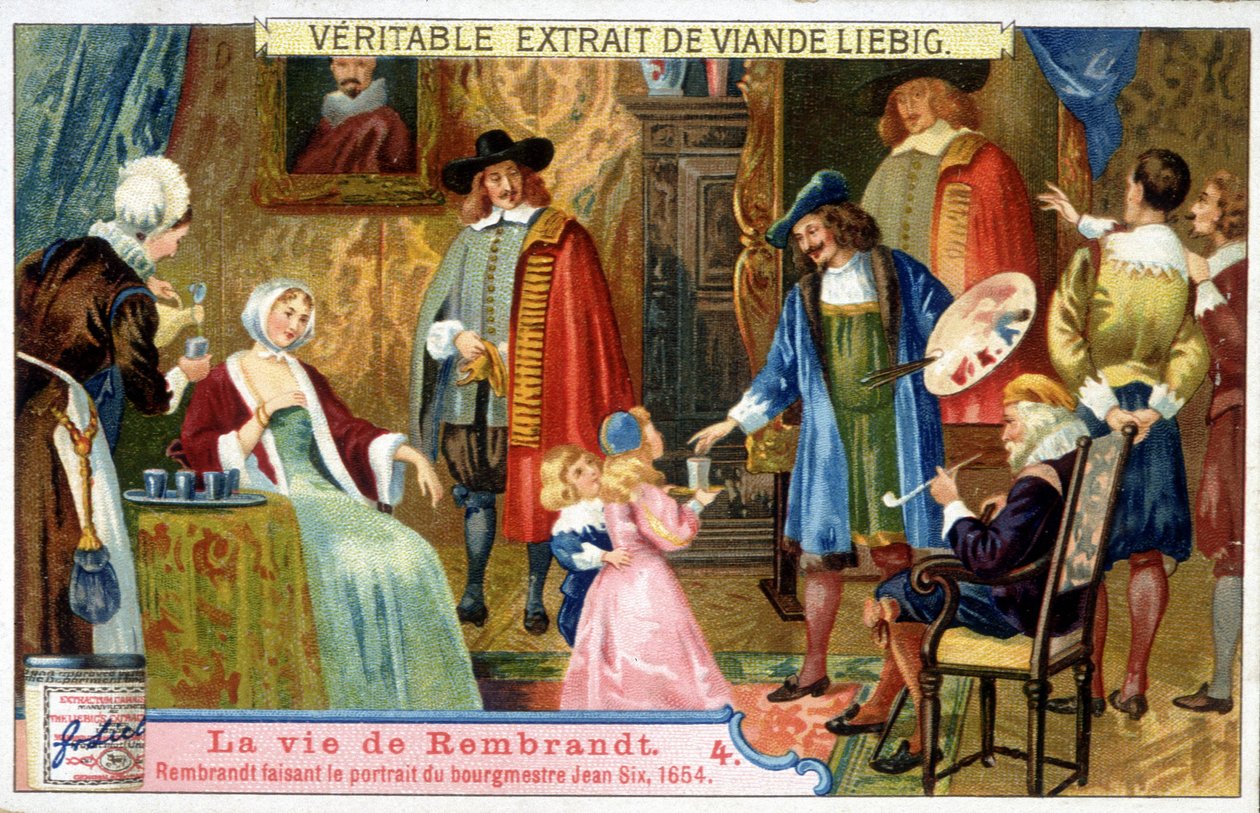Liebig-kromolitografi om Rembrandts liv (1606 - 1669), holländsk målare, här porträtterande borgmästare Jean Six 1654. av Unknown artist