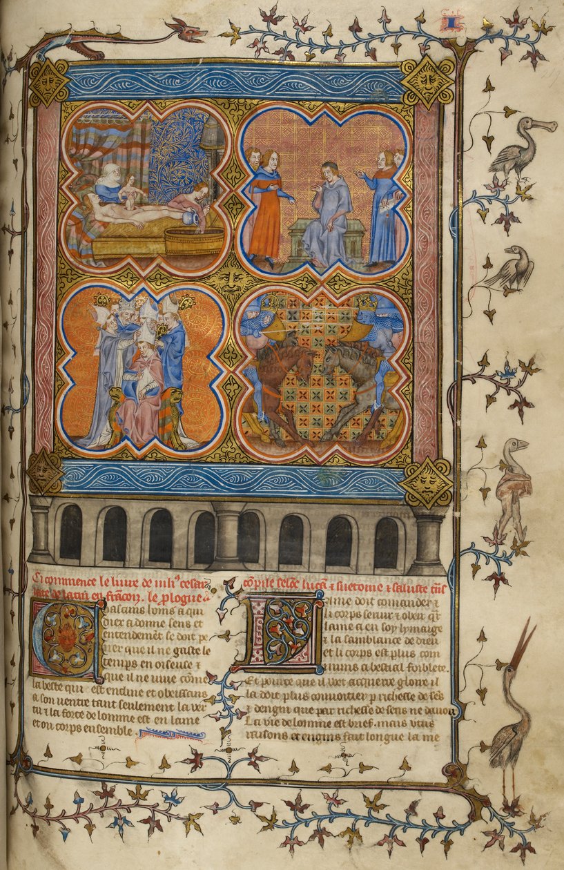 Julius Caesars liv: fyra miniatyrer som visar hans födelse, skilsmässa, pontifikat och slagsmål med Pompejus; text med dekorerade initialer och bård med fåglar och grotesker. av Unknown artist