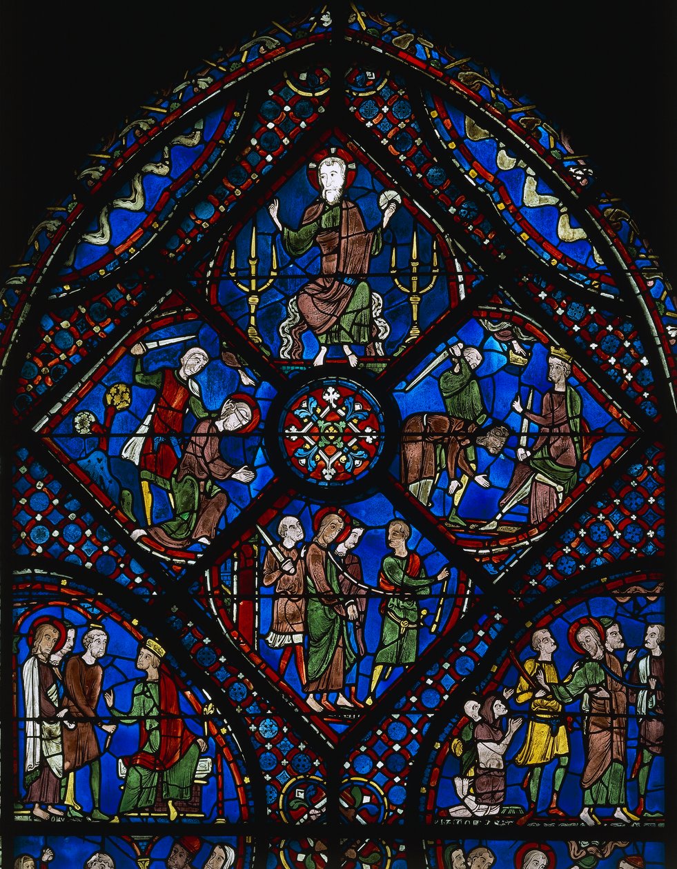 St James the Greaters liv, övre delen av fönstret, målat glasfönster (1100-talet), Chartres Cathedral (Unescos världsarvslista av Unknown artist