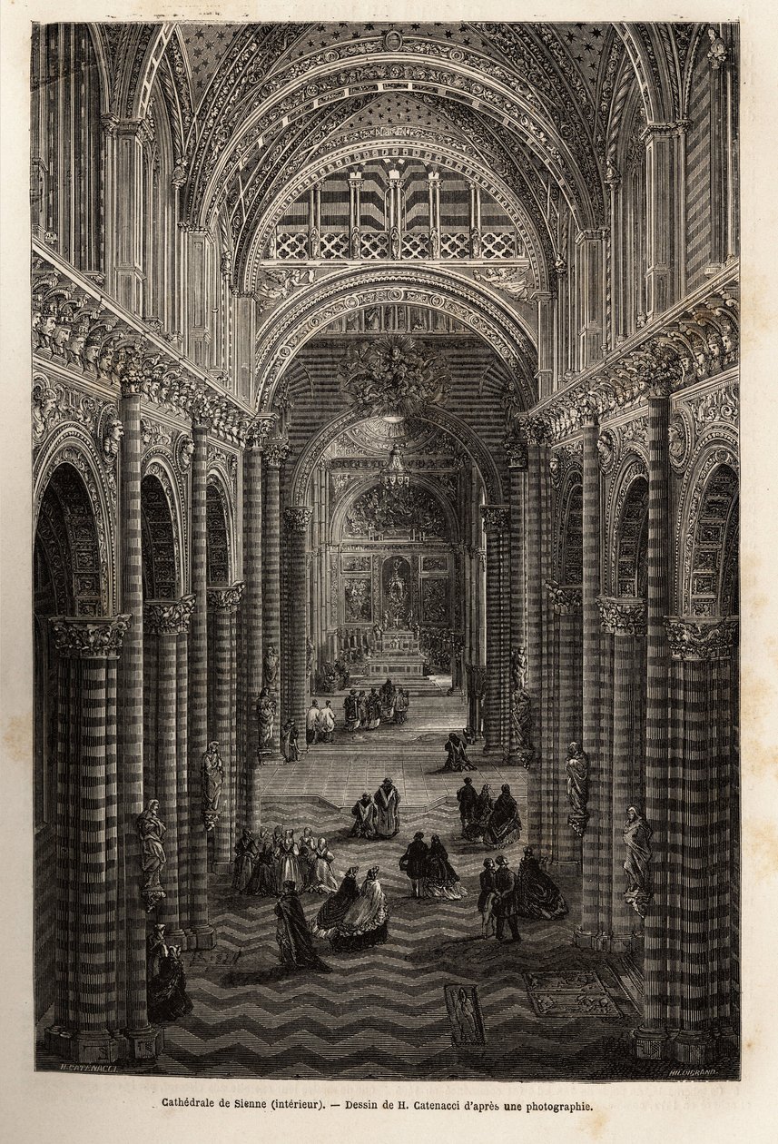 Interiören av katedralen i Siena, gravyr för att illustrera en resa till Siena (Italien) 1865, i "Le tour du monde, nouveau journal des voyages" publicerad under ledning av Edouard Charton av Unknown artist