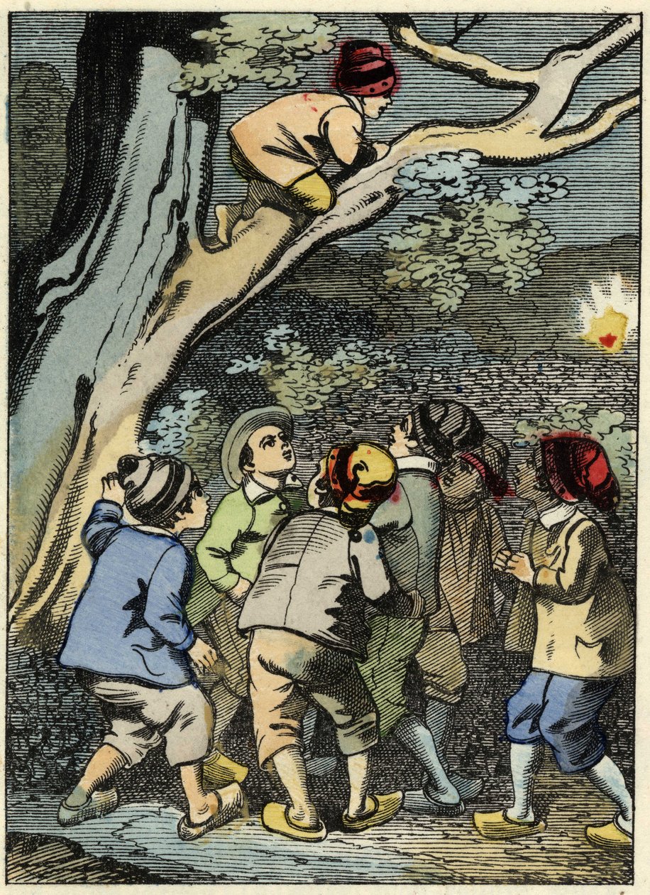 Little Poucet klättrar på ett träd och letar efter sin väg. Han plockar upp ett ljus i skogen. Illustration av Charles Perraults berättelse "" Le Pepetit Poucet" av Unknown artist