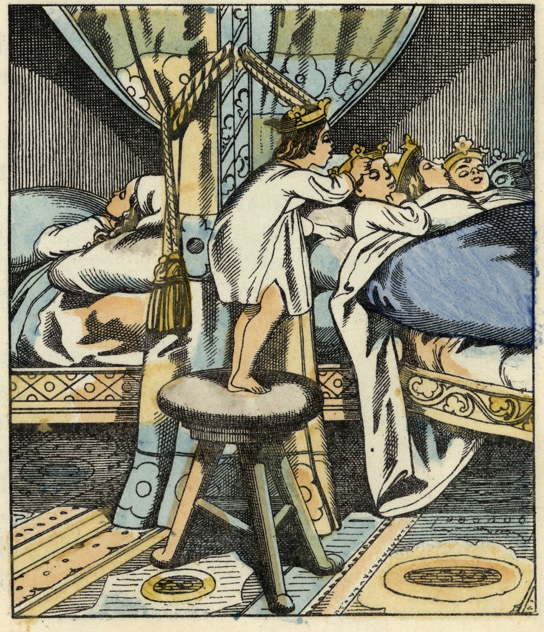Lilla Poucet sätter kronorna av ogrens sju döttrar på huvudet på sina bröder. Illustration av berättelsen "" Le Petite Poucet"" av Charles Perrault av Unknown artist