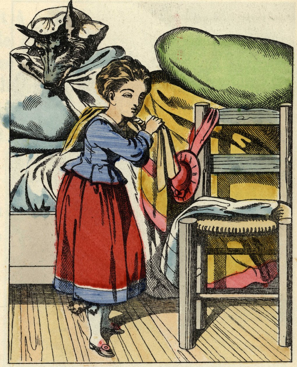 Rödluvan hemma hos sin mormor. Illustration av berättelsen "Rödluvan" av Charles Perrault av Unknown artist