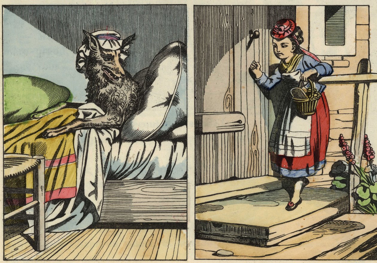 Rödluvan knackar på hans mormors dörr. Illustration av berättelsen "Rödluvan" av Charles Perrault av Unknown artist
