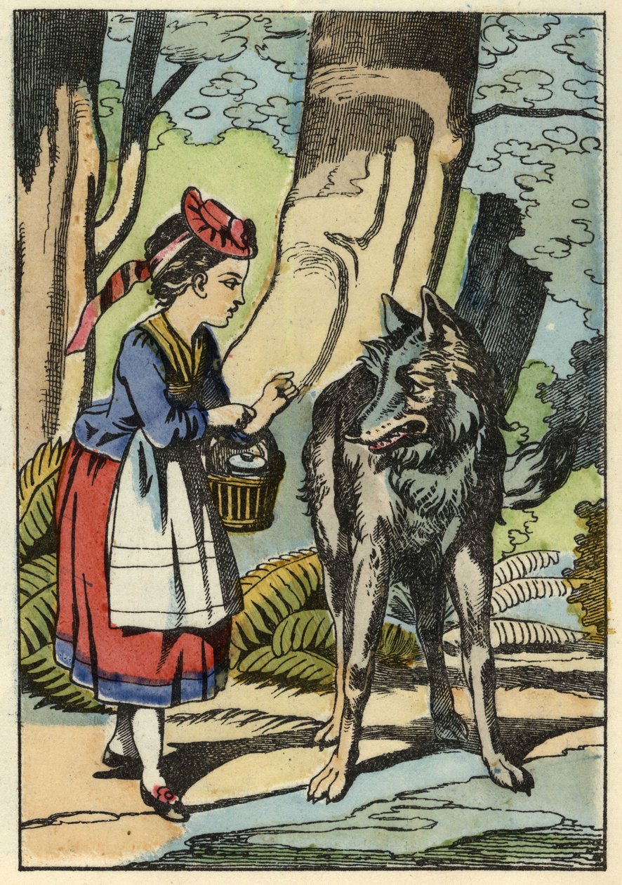 Rödluvan möter vargen i skogen. Illustration av berättelsen "Rödluvan" av Charles Perrault av Unknown artist
