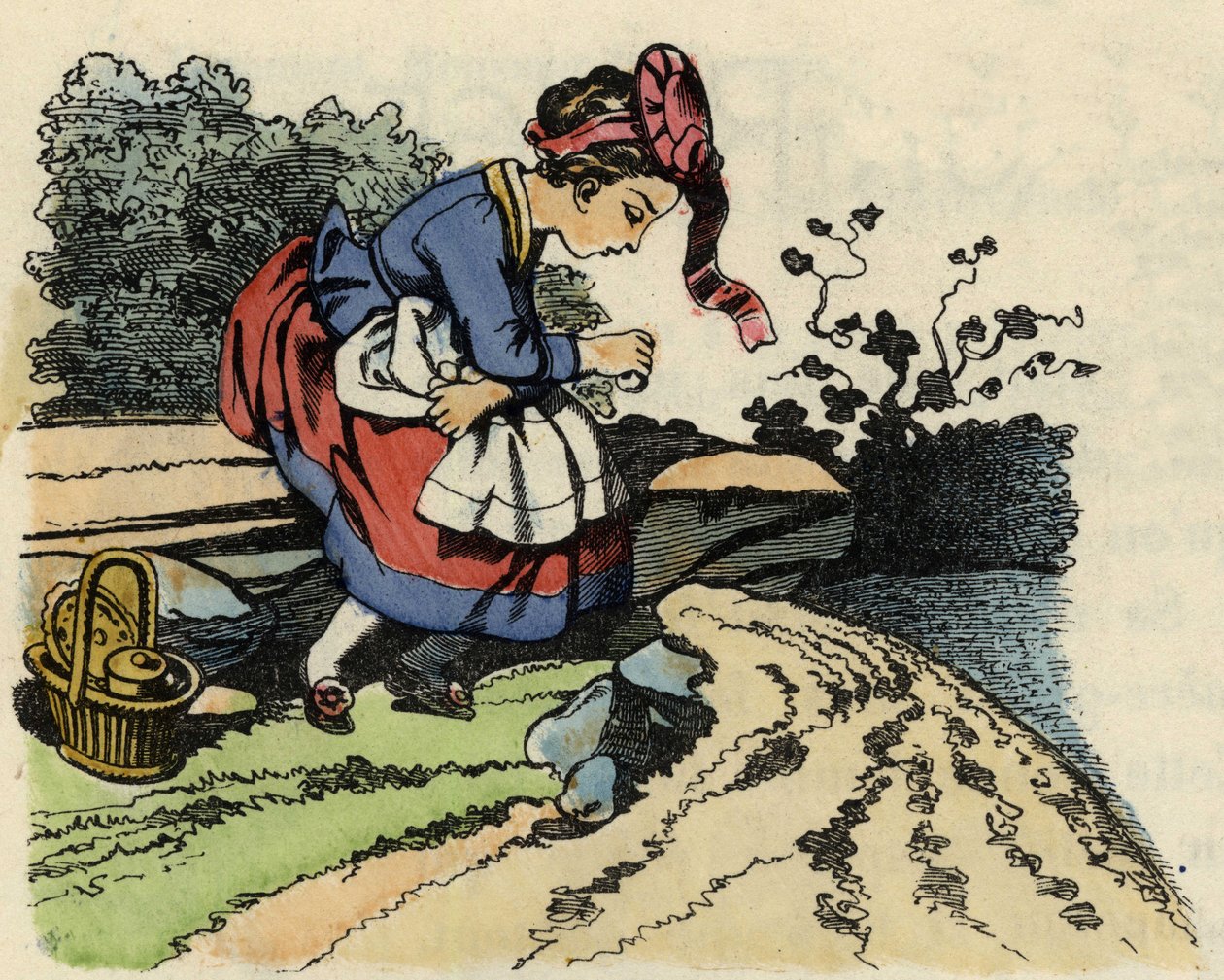 Rödluvan vilar på vägen. Illustration av berättelsen "Rödluvan" av Charles Perrault av Unknown artist